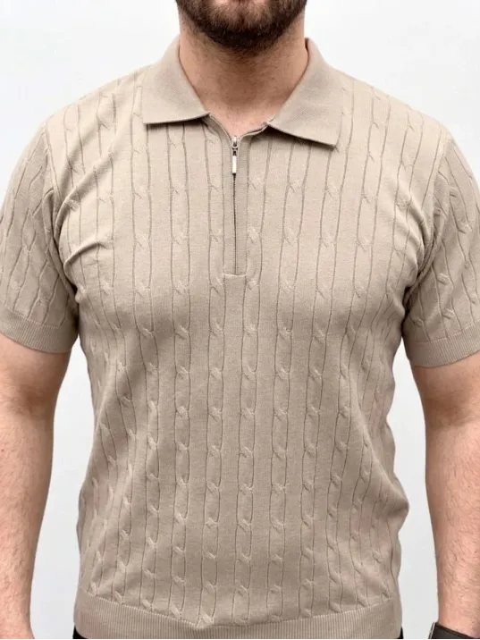 Erkek Yazlık Triko Saç Örgü Tişört Kısa Kol Polo Yaka Fermuarlı T-shirt - Bej Erkek Yazlık Triko Saç Örgü Tişört Kısa Kol Polo Yaka Fermuarlı T-shirt - Bej