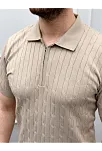 Erkek Yazlık Triko Saç Örgü Tişört Kısa Kol Polo Yaka Fermuarlı T-shirt - Bej