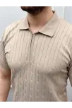 Erkek Yazlık Triko Saç Örgü Tişört Kısa Kol Polo Yaka Fermuarlı T-shirt - Bej Erkek Yazlık Triko Saç Örgü Tişört Kısa Kol Polo Yaka Fermuarlı T-shirt - Bej