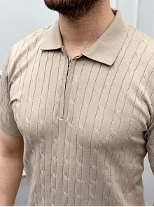 Erkek Yazlık Triko Saç Örgü Tişört Kısa Kol Polo Yaka Fermuarlı T-shirt - Bej
