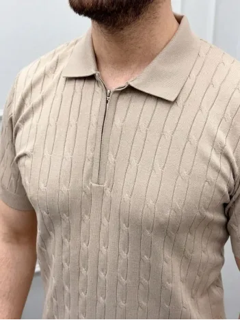 Erkek Yazlık Triko Saç Örgü Tişört Kısa Kol Polo Yaka Fermuarlı T-shirt - Bej