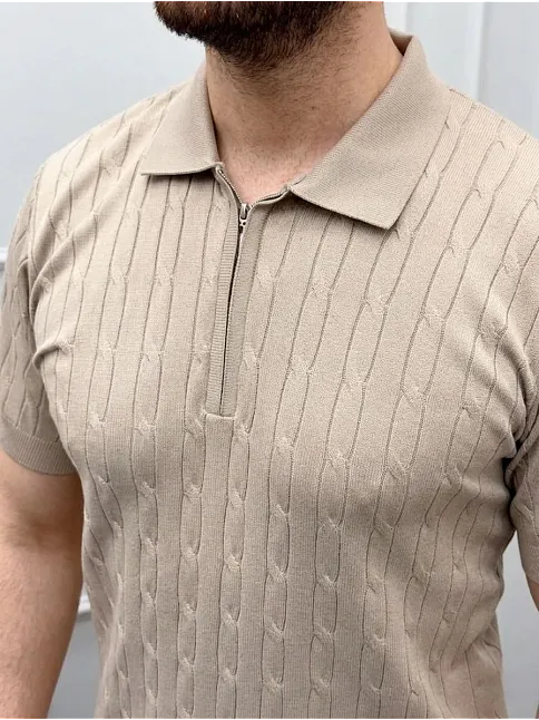 Erkek Yazlık Triko Saç Örgü Tişört Kısa Kol Polo Yaka Fermuarlı T-shirt - Bej
