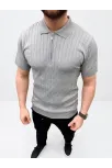 Erkek Yazlık Triko Saç Örgü Tişört Kısa Kol Polo Yaka Fermuarlı T-shirt - Gri