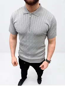 Erkek Yazlık Triko Saç Örgü Tişört Kısa Kol Polo Yaka Fermuarlı T-shirt - Gri