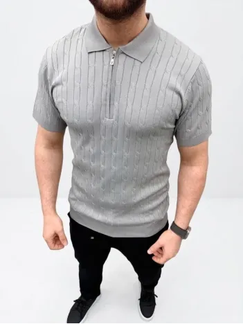 Erkek Yazlık Triko Saç Örgü Tişört Kısa Kol Polo Yaka Fermuarlı T-shirt - Gri Erkek Yazlık Triko Saç Örgü Tişört Kısa Kol Polo Yaka Fermuarlı T-shirt - Gri