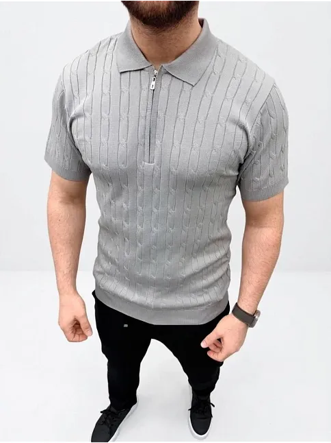 Erkek Yazlık Triko Saç Örgü Tişört Kısa Kol Polo Yaka Fermuarlı T-shirt - Gri