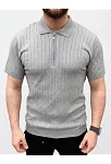 Erkek Yazlık Triko Saç Örgü Tişört Kısa Kol Polo Yaka Fermuarlı T-shirt - Gri