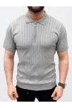 Erkek Yazlık Triko Saç Örgü Tişört Kısa Kol Polo Yaka Fermuarlı T-shirt - Gri