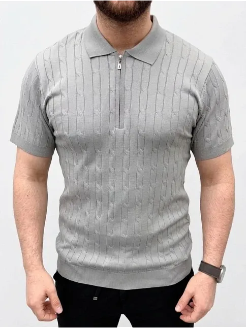 Erkek Yazlık Triko Saç Örgü Tişört Kısa Kol Polo Yaka Fermuarlı T-shirt - Gri