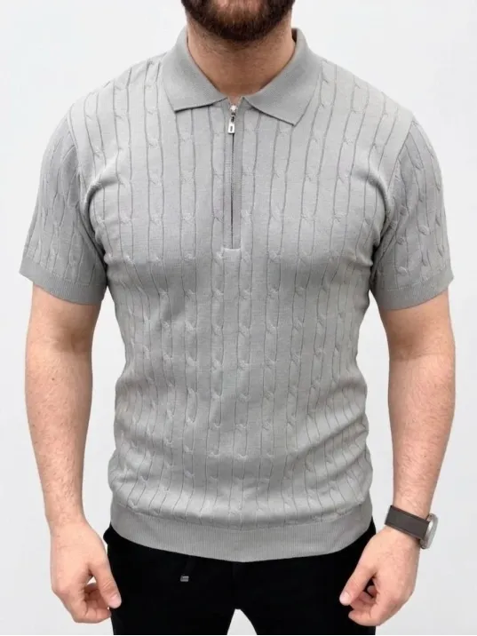 Erkek Yazlık Triko Saç Örgü Tişört Kısa Kol Polo Yaka Fermuarlı T-shirt - Gri