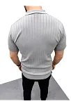 Erkek Yazlık Triko Saç Örgü Tişört Kısa Kol Polo Yaka Fermuarlı T-shirt - Gri