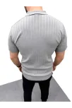 Erkek Yazlık Triko Saç Örgü Tişört Kısa Kol Polo Yaka Fermuarlı T-shirt - Gri