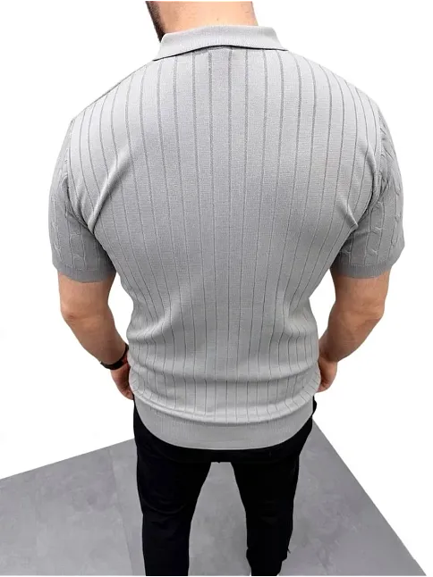 Erkek Yazlık Triko Saç Örgü Tişört Kısa Kol Polo Yaka Fermuarlı T-shirt - Gri