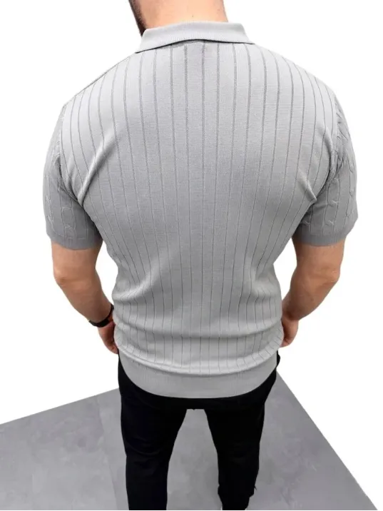 Erkek Yazlık Triko Saç Örgü Tişört Kısa Kol Polo Yaka Fermuarlı T-shirt - Gri
