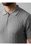 Erkek Yazlık Triko Saç Örgü Tişört Kısa Kol Polo Yaka Fermuarlı T-shirt - Gri