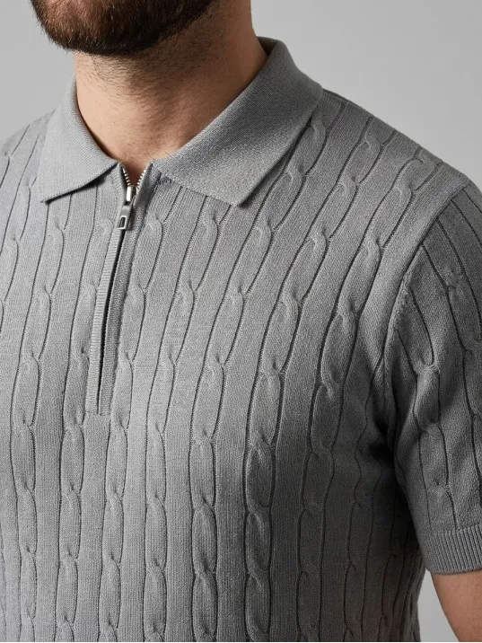 Erkek Yazlık Triko Saç Örgü Tişört Kısa Kol Polo Yaka Fermuarlı T-shirt - Gri