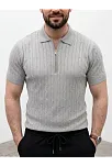Erkek Yazlık Triko Saç Örgü Tişört Kısa Kol Polo Yaka Fermuarlı T-shirt - Gri