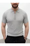 Erkek Yazlık Triko Saç Örgü Tişört Kısa Kol Polo Yaka Fermuarlı T-shirt - Gri