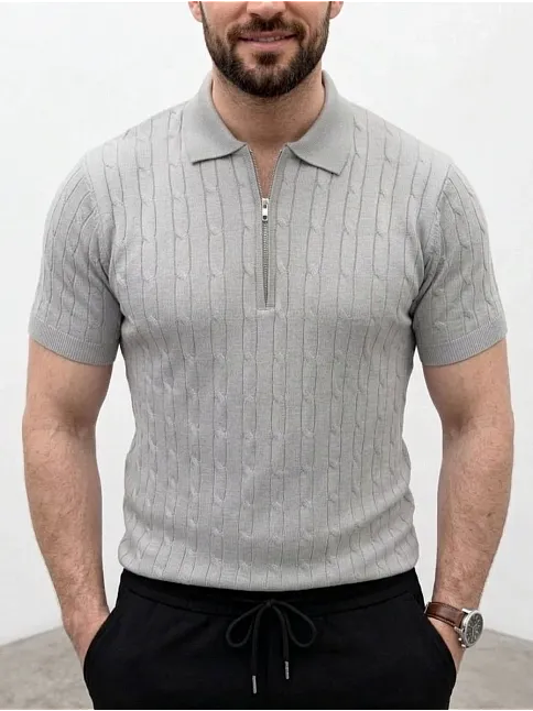 Erkek Yazlık Triko Saç Örgü Tişört Kısa Kol Polo Yaka Fermuarlı T-shirt - Gri