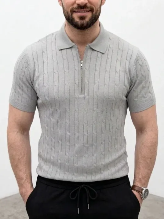 Erkek Yazlık Triko Saç Örgü Tişört Kısa Kol Polo Yaka Fermuarlı T-shirt - Gri