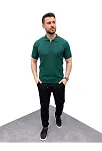 Erkek Yazlık Triko Saç Örgü Tişört Kısa Kol Polo Yaka Fermuarlı T-shirt - Haki