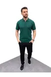 Erkek Yazlık Triko Saç Örgü Tişört Kısa Kol Polo Yaka Fermuarlı T-shirt - Haki