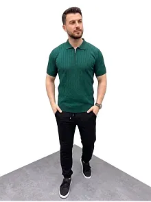 Erkek Yazlık Triko Saç Örgü Tişört Kısa Kol Polo Yaka Fermuarlı T-shirt - Haki