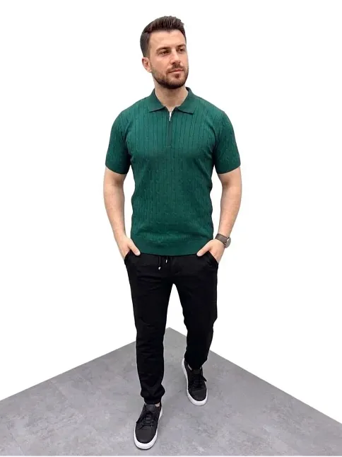Erkek Yazlık Triko Saç Örgü Tişört Kısa Kol Polo Yaka Fermuarlı T-shirt - Haki