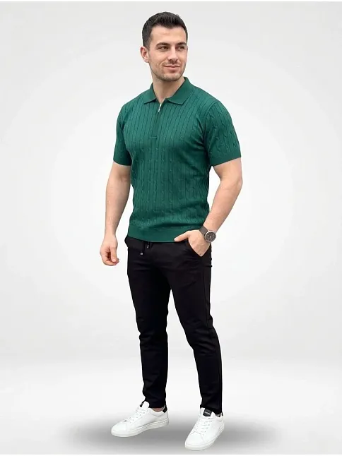 Erkek Yazlık Triko Saç Örgü Tişört Kısa Kol Polo Yaka Fermuarlı T-shirt - Haki
