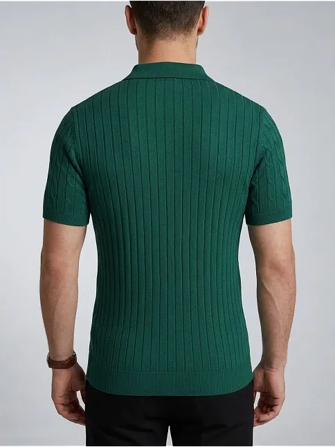 Erkek Yazlık Triko Saç Örgü Tişört Kısa Kol Polo Yaka Fermuarlı T-shirt - Haki