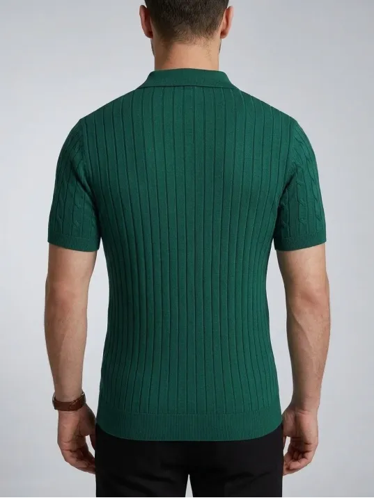 Erkek Yazlık Triko Saç Örgü Tişört Kısa Kol Polo Yaka Fermuarlı T-shirt - Haki