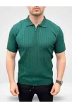 Erkek Yazlık Triko Saç Örgü Tişört Kısa Kol Polo Yaka Fermuarlı T-shirt - Haki