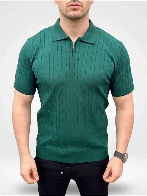 Erkek Yazlık Triko Saç Örgü Tişört Kısa Kol Polo Yaka Fermuarlı T-shirt - Haki