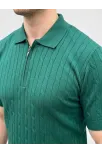 Erkek Yazlık Triko Saç Örgü Tişört Kısa Kol Polo Yaka Fermuarlı T-shirt - Haki