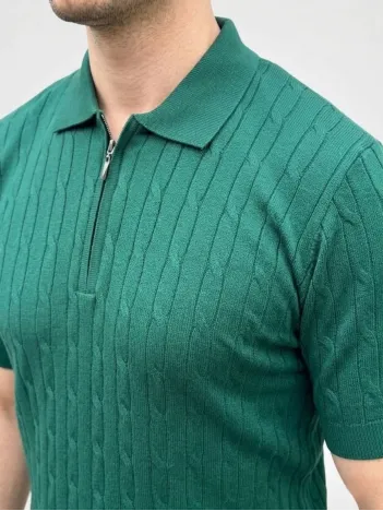 Erkek Yazlık Triko Saç Örgü Tişört Kısa Kol Polo Yaka Fermuarlı T-shirt - Haki