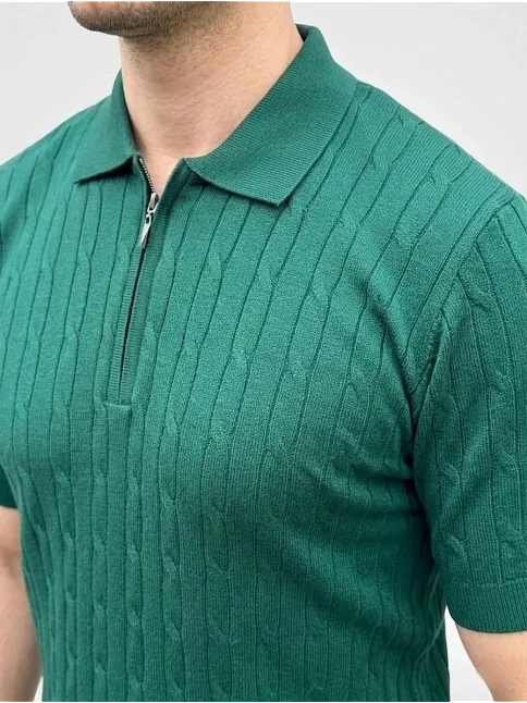 Erkek Yazlık Triko Saç Örgü Tişört Kısa Kol Polo Yaka Fermuarlı T-shirt - Haki