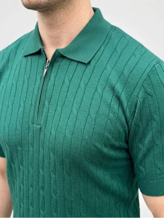 Erkek Yazlık Triko Saç Örgü Tişört Kısa Kol Polo Yaka Fermuarlı T-shirt - Haki