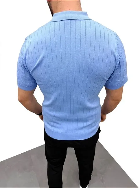Erkek Yazlık Triko Saç Örgü Tişört Kısa Kol Polo Yaka Fermuarlı T-shirt - Bebe Mavisi