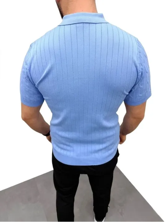 Erkek Yazlık Triko Saç Örgü Tişört Kısa Kol Polo Yaka Fermuarlı T-shirt - Bebe Mavisi