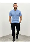 Erkek Yazlık Triko Saç Örgü Tişört Kısa Kol Polo Yaka Fermuarlı T-shirt - Bebe Mavisi