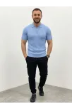 Erkek Yazlık Triko Saç Örgü Tişört Kısa Kol Polo Yaka Fermuarlı T-shirt - Bebe Mavisi