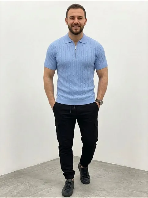 Erkek Yazlık Triko Saç Örgü Tişört Kısa Kol Polo Yaka Fermuarlı T-shirt - Bebe Mavisi