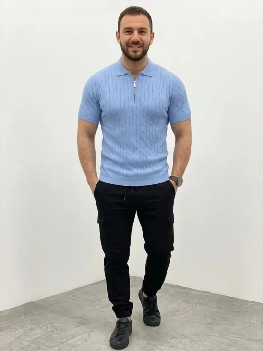 Erkek Yazlık Triko Saç Örgü Tişört Kısa Kol Polo Yaka Fermuarlı T-shirt - Bebe Mavisi