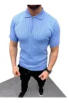 Erkek Yazlık Triko Saç Örgü Tişört Kısa Kol Polo Yaka Fermuarlı T-shirt - Bebe Mavisi
