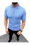 Erkek Yazlık Triko Saç Örgü Tişört Kısa Kol Polo Yaka Fermuarlı T-shirt - Bebe Mavisi