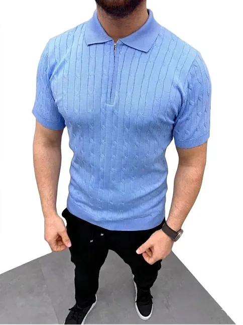 Erkek Yazlık Triko Saç Örgü Tişört Kısa Kol Polo Yaka Fermuarlı T-shirt - Bebe Mavisi