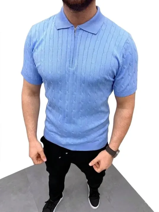 Erkek Yazlık Triko Saç Örgü Tişört Kısa Kol Polo Yaka Fermuarlı T-shirt - Bebe Mavisi