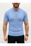 Erkek Yazlık Triko Saç Örgü Tişört Kısa Kol Polo Yaka Fermuarlı T-shirt - Bebe Mavisi