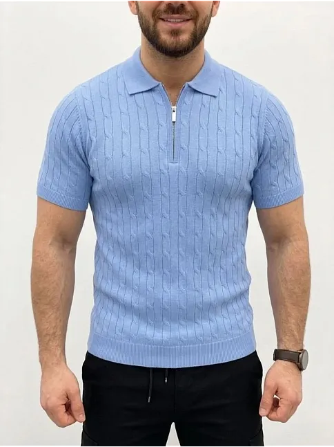 Erkek Yazlık Triko Saç Örgü Tişört Kısa Kol Polo Yaka Fermuarlı T-shirt - Bebe Mavisi