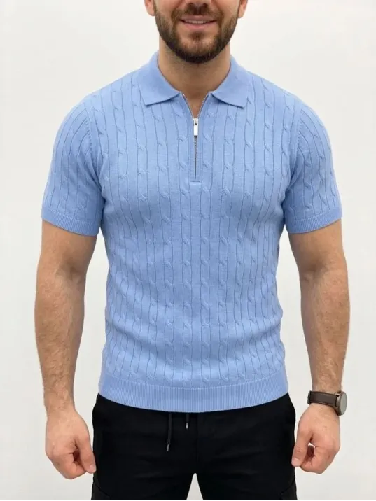 Erkek Yazlık Triko Saç Örgü Tişört Kısa Kol Polo Yaka Fermuarlı T-shirt - Bebe Mavisi